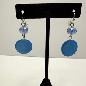 Dangle Drop Earrings Blue Round Faceted Crystal Bead Statement Jewelry 1 3/4 in